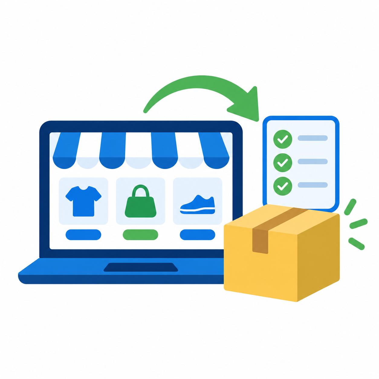 EC構築・物販運営を表すネットショップ、商品箱、注文確認のイラスト
