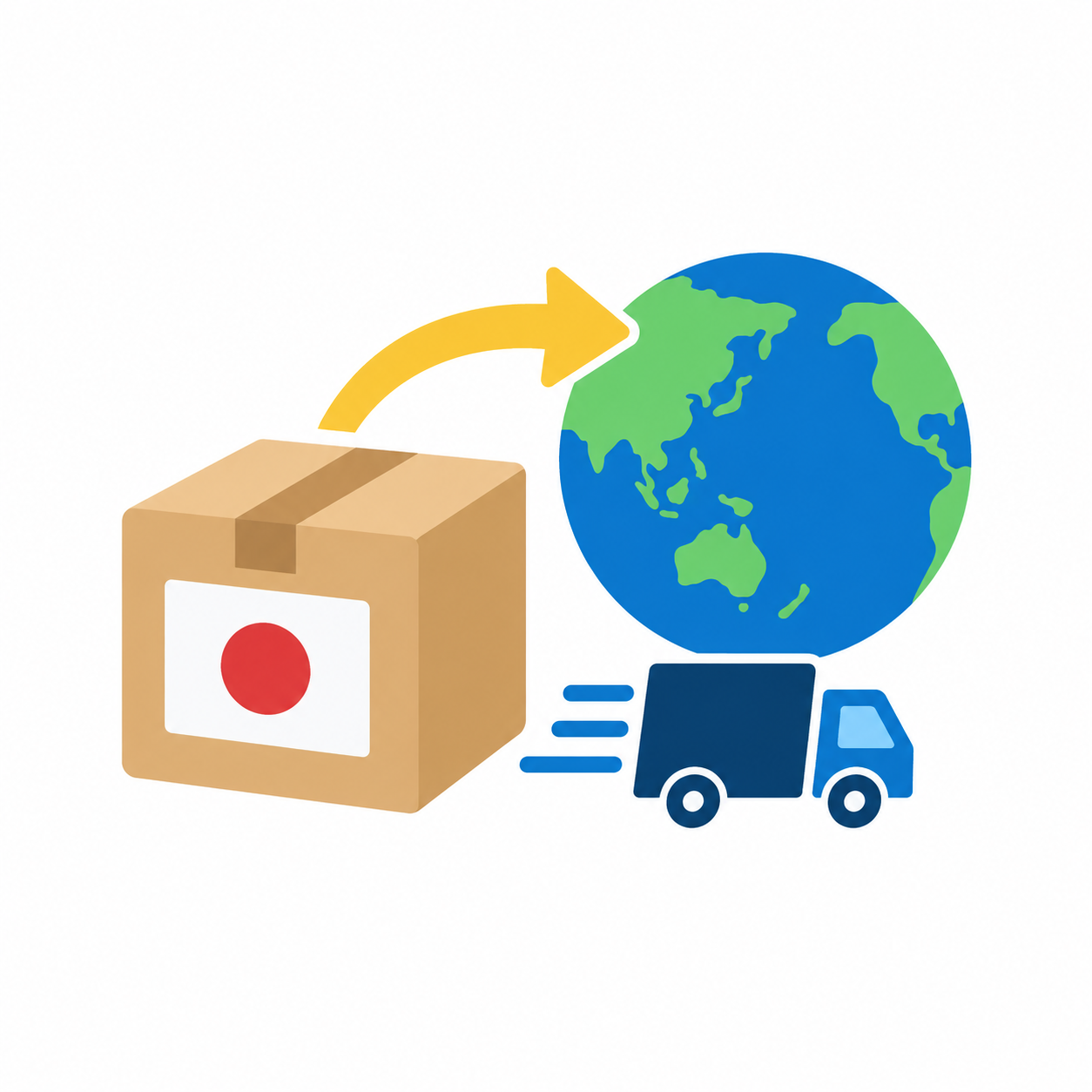 調達・輸出・流通支援を表す日本の商品箱、地球、配送のイラスト